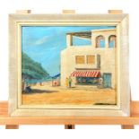 Chas King, oil on board of a continental beach port scene, framed. Condition: good. H: 25 cm W: 30