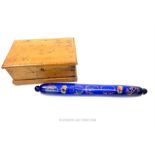 A very large, Victorian blue glass rolling pin & antique pine document box