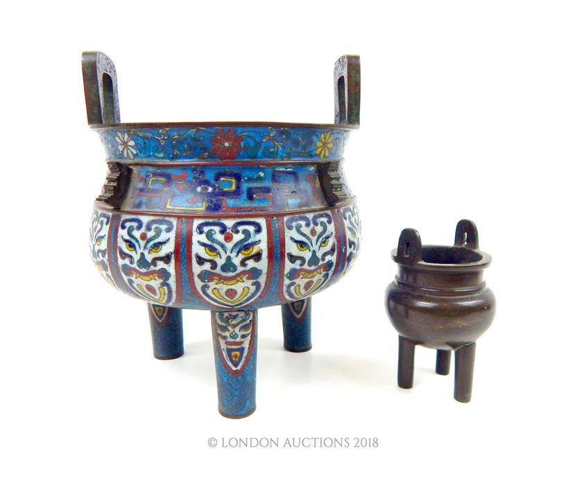 A large, late 19th century, cloisonne incense burner with other