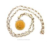 A 9 ct yellow gold link chain with a 22 ct gold, 1996 sovereign pendant