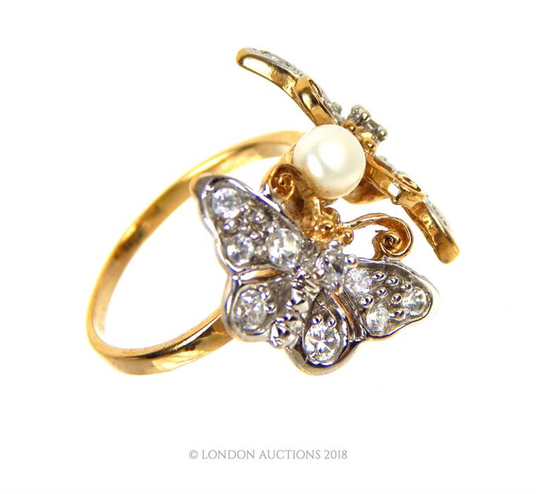 9ct gold seed pearl and diamond butterfly wing ring - Image 2 of 3