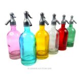 Set of six coloured glass soda siphons