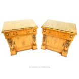 A pair of French, Empire-style burr walnut veneered and gilt metal side tables