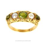 An antique, high ct yellow gold, peridot and pearl ring