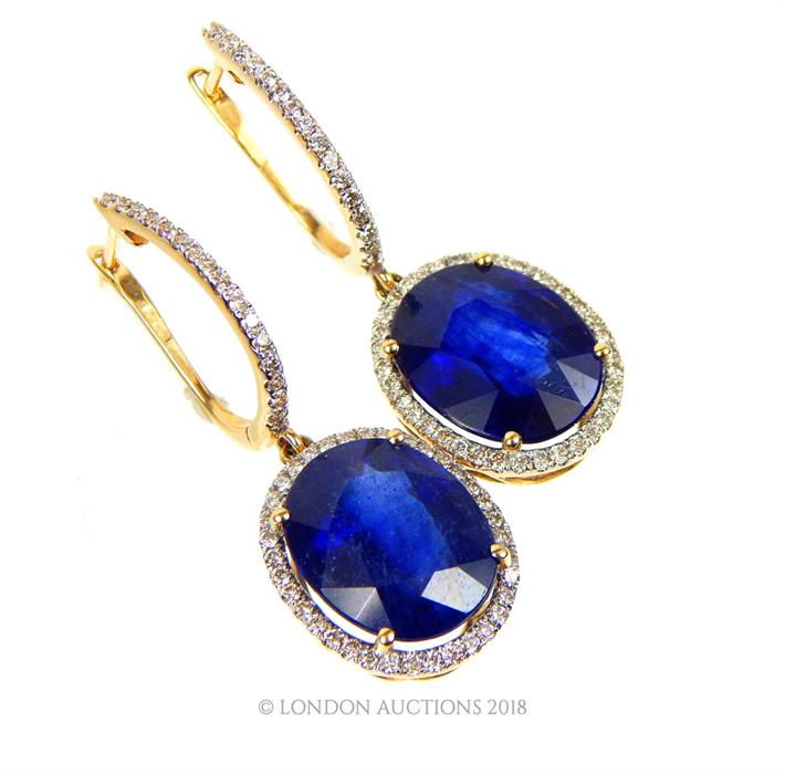 A boxed pair of 8 ct white gold, sapphire and diamond drop earrings - Image 2 of 3