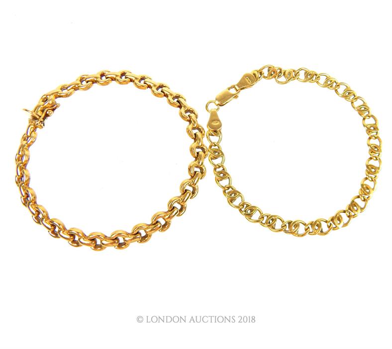 Two, 18 ct yellow gold, linked bracelets