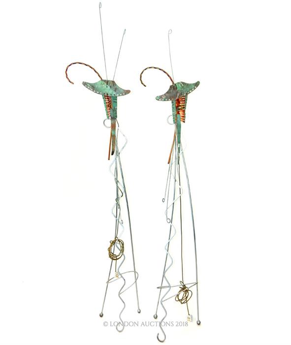 Pair of hand forged designer Verdegre lamps in the form of a dragonfly