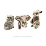 Three sterling silver, miniature figurines of a cat, rabbit and elephant