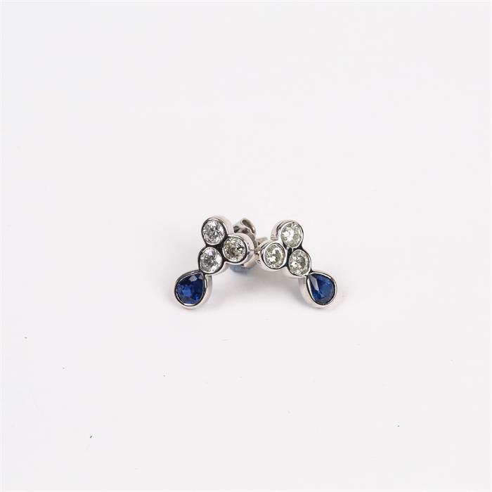 A pair of 18 ct white gold, triple-diamond and sapphire earrings