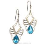 A pair of sterling silver and teardrop, blue topaz, drop earrings