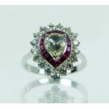 An 18 ct white gold, pear-shaped diamond and ruby cluster ring