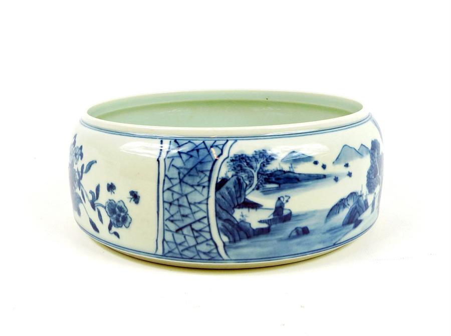 A large, Chinese, hand-painted, blue and white brush washer/water pot