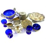 A WMF bowl with blue glass liner and assorted Sheffield plated items