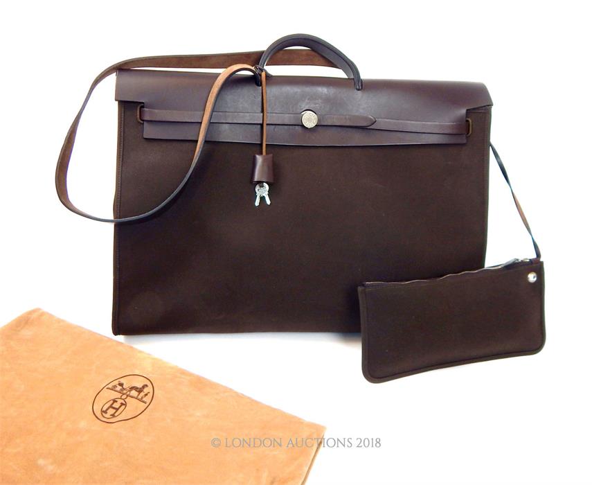 A Hermes, men's, large chocolate brown leather and fabric holdall - Image 2 of 3