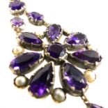 A large, French, antique, gold and silver, amethyst and pearl, drop pendant