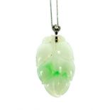 A boxed, 18 ct white gold, diamond and green jade leaf pendant necklace