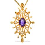 A 14 ct yellow gold, amethyst and pearl pendant on chain