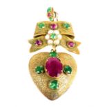 A large, antique, French, 9 ct yellow gold, ruby, emerald and pearl studded pendant