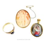 A Cameo brooch, A Painted Porcelain pendant and a Victorian ring .