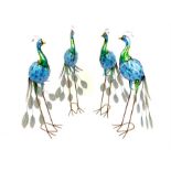 A collection of four painted metal sculptures of peacocks