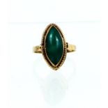 A boxed, 14 ct yellow gold ring set with a marquise-shaped green chryoprase