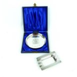 A cased, silver dish and boxed silver pin tray/ash-tray