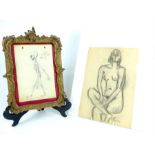 A gilt-framed pencil drawing and a loose nude study in charcoal