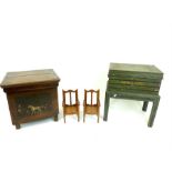 A 19th century tin trunk on stand, an oak box and a pair of miniature chairs.