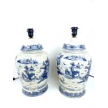 A pair of Chinese blue and white crackle glazed porcelain table lamps