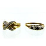 Two, boxed, 9 ct yellow gold and gem-set rings