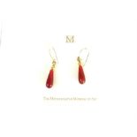 A boxed, pair of 14 ct yellow gold and carnelian drop earrings