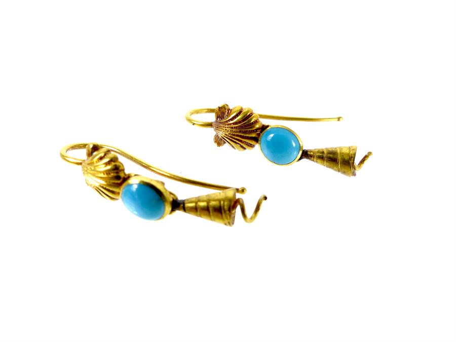 A pair of yellow gold and turquoise drop earrings