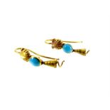 A pair of yellow gold and turquoise drop earrings