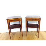 A pair of mahogany and inlaid Sheraton revival bedside tables