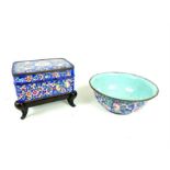 A Chinese Enamel on Copper Small Bowl and a similar Casket on later stand.