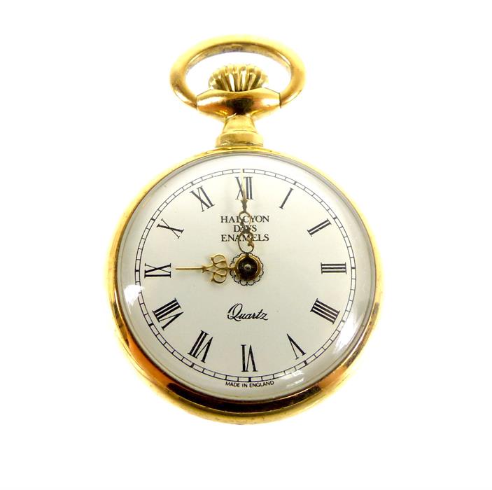 A yellow metal and enamelled, Halcyon Days, miniature pocket watch