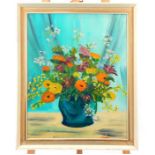An oil on canvas still life of flowers in a vase