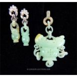 A pair of 18ct white gold, diamond and jade earrings and pendant