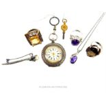 A Swiss Sterling Silver Cased Lady's Fob Watch. Three Rings a Pendant and a Brooch.