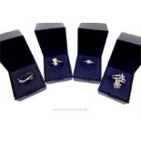 Four boxed silver rings, one set with small Rose Cut diamonds