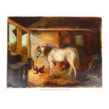 An unframed oil on canvas depicting a horse in a stable