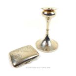 George V Sterling Silver candlestick and a Sterling Silver cigarette case.