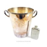 A silver plated ice bucket and a hip flask