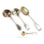 A pair of John Stone Exeter silver ladles and Exeter condiment spoon and fiddle spoon .