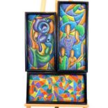 Three Mexican brightly coloured oil on canvas paintings