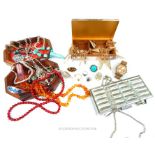 Cigarette box and two others with amber, coral , turquoise and silver jewellery