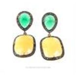 Silver-gilt, yellow, green stone and diamond drop earrings