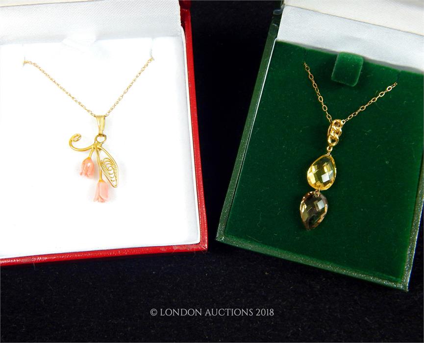 9 ct gold Citrine and Topaz drop pendant necklace.