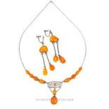 Pair c19th Russian silver and amber earrings and necklace