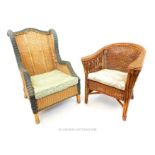 A wicker wing back armchair and a tub chair